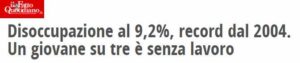 Titolo del Fatto quotidiano sulla disoccupazione giovanile