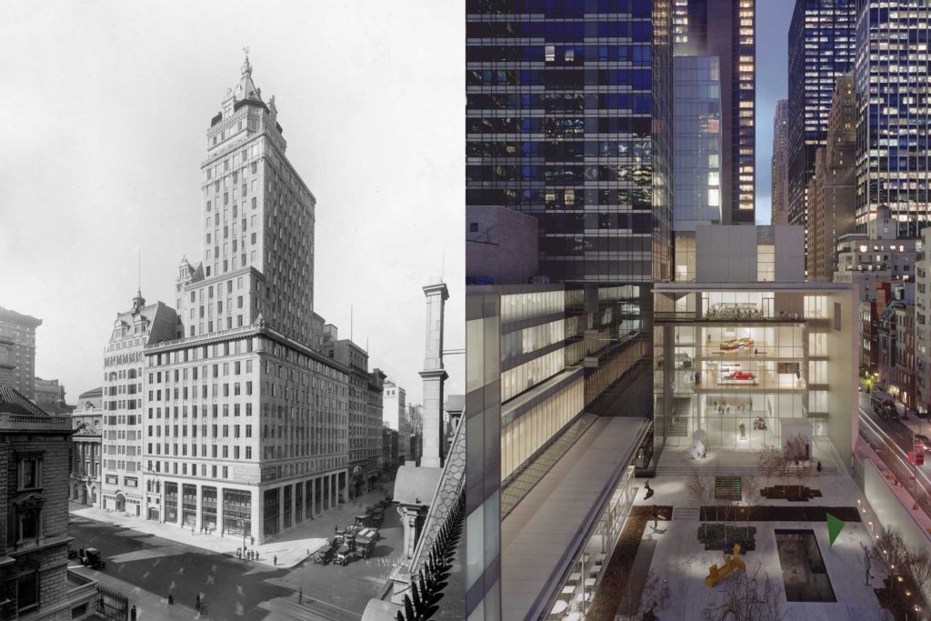 A sinistra: l'edificio di Heckscher intorno al 1925; A destra: l'attuale Museo di Arte Moderna e il suo giardino di sculture all'aperto. MoMA Manhattan